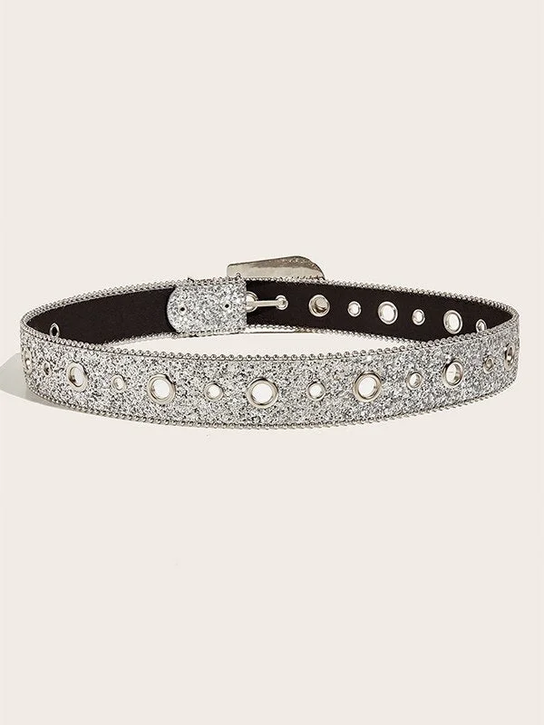 Brownm targeted sequin buckle belt with rhinestones