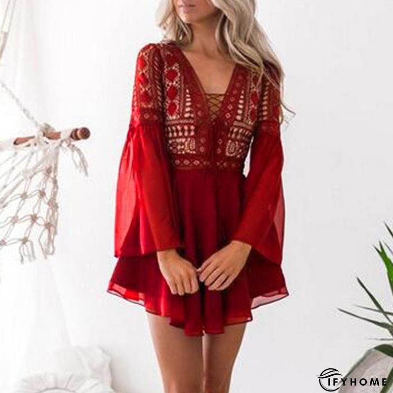 Hollow Out Chiffon Dress Cross Bandage Lace V-Neck Long Sleeve Dress | IFYHOME