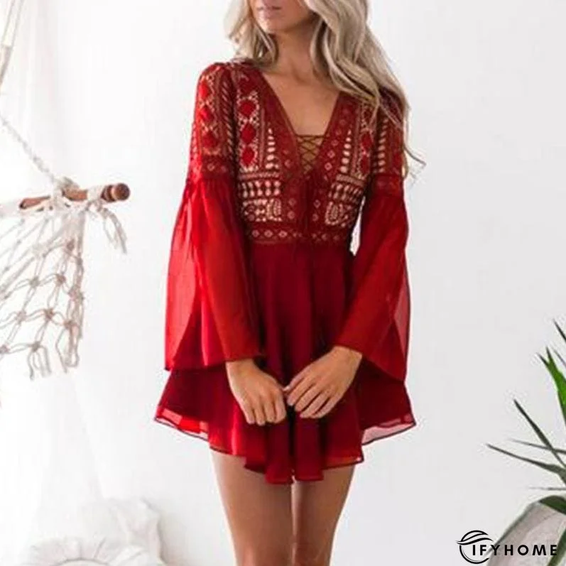 Hollow Out Chiffon Dress Cross Bandage Lace V-Neck Long Sleeve Dress | IFYHOME