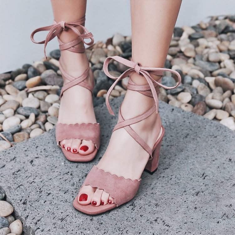 Light Pink Strappy Sandals Suede Chunky Heels |FSJ Shoes