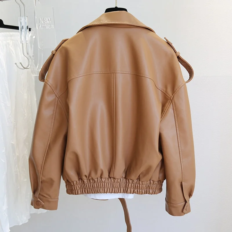 FTLZZ Autumn Winter New Soft Faux Leather Jacket Women Loose Moto Bike Coat Streetwear Female Brown PU Leather Jackets with Belt
