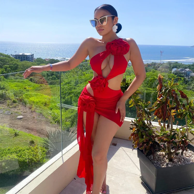 3D Flower Oblique Shoulder Cutout One Piece Swimsuit and Skirt