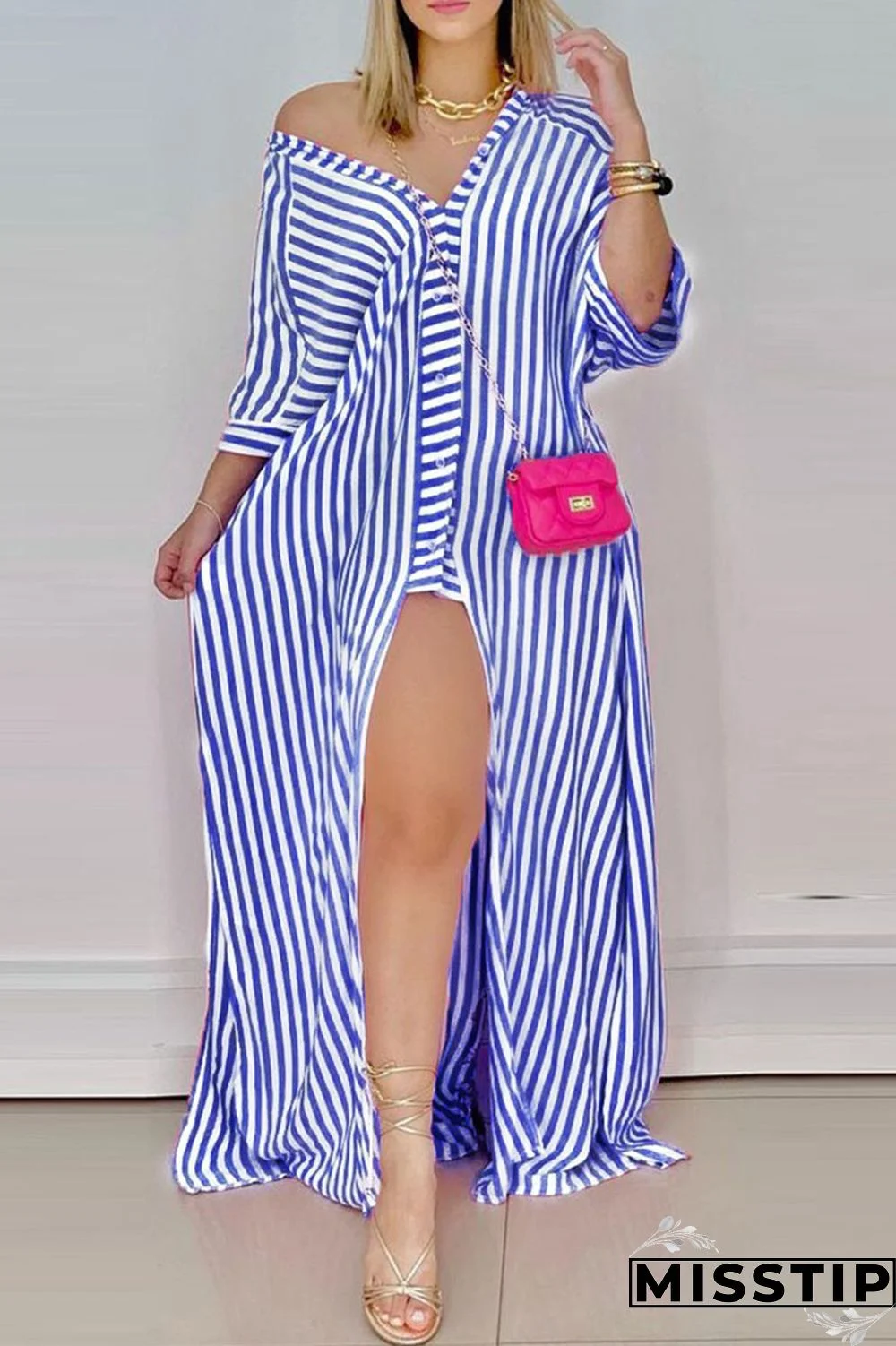Blue Sexy Print Asymmetrical V Neck A Line Dresses
