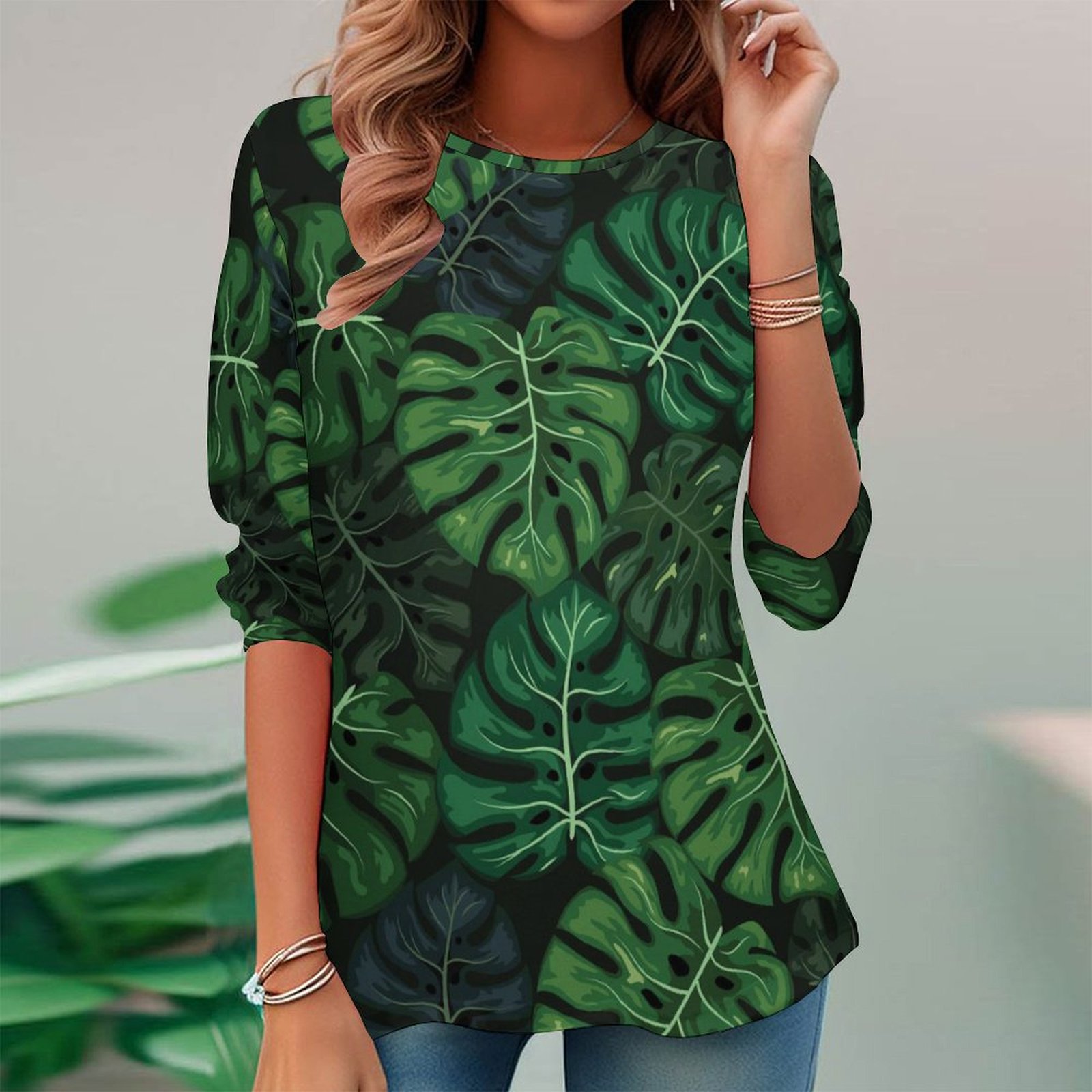 Women Long Sleeve V-neck Graphic Floral Printed Top