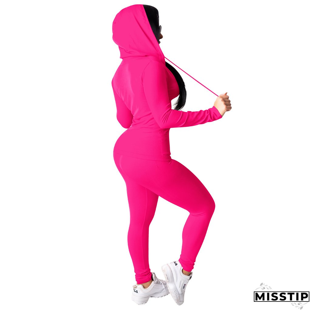 Spring Sexy Casual Solid Color Hooded Two Piece Tracksuit