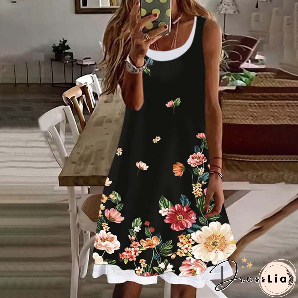 Women's Dress Summer New Fashion Women's Flowers Fake Two Pieces Printed Sleeveless Casual Soft and Comfortable Plus Size Dress S-5XL
