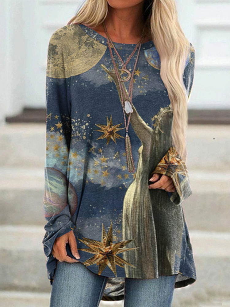 Comstylish Walpurgis Night Printed Crew Neck Long Sleeve Casual Tunic