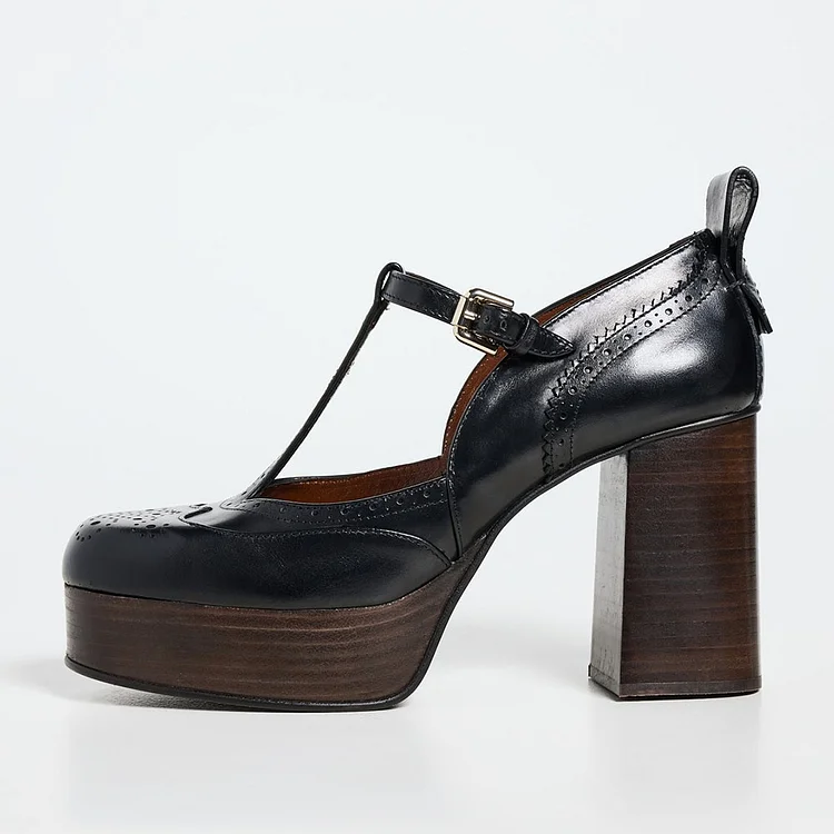Black Round Toe T-Strap Platform Mary Jane Shoes with Block Heel |FSJ Shoes