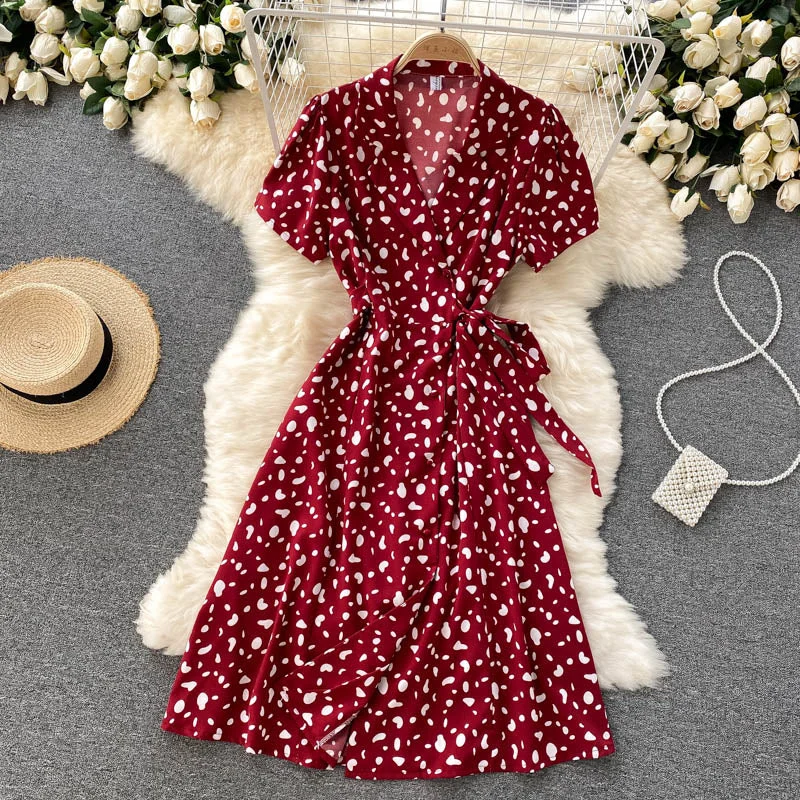Croysier Dresses For Women 2021 Elegant Notch Lapel Belted Midi Dress Vintage Print Short Sleeve Buttoned Casual Summer Dress