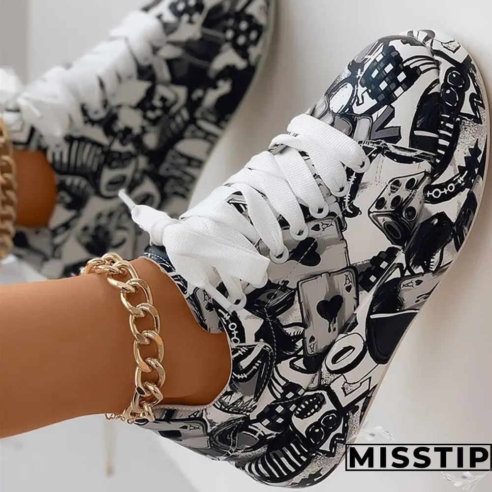 Black Fashion Casual Bandage Graffiti Round Comfortable Out Door Shoes