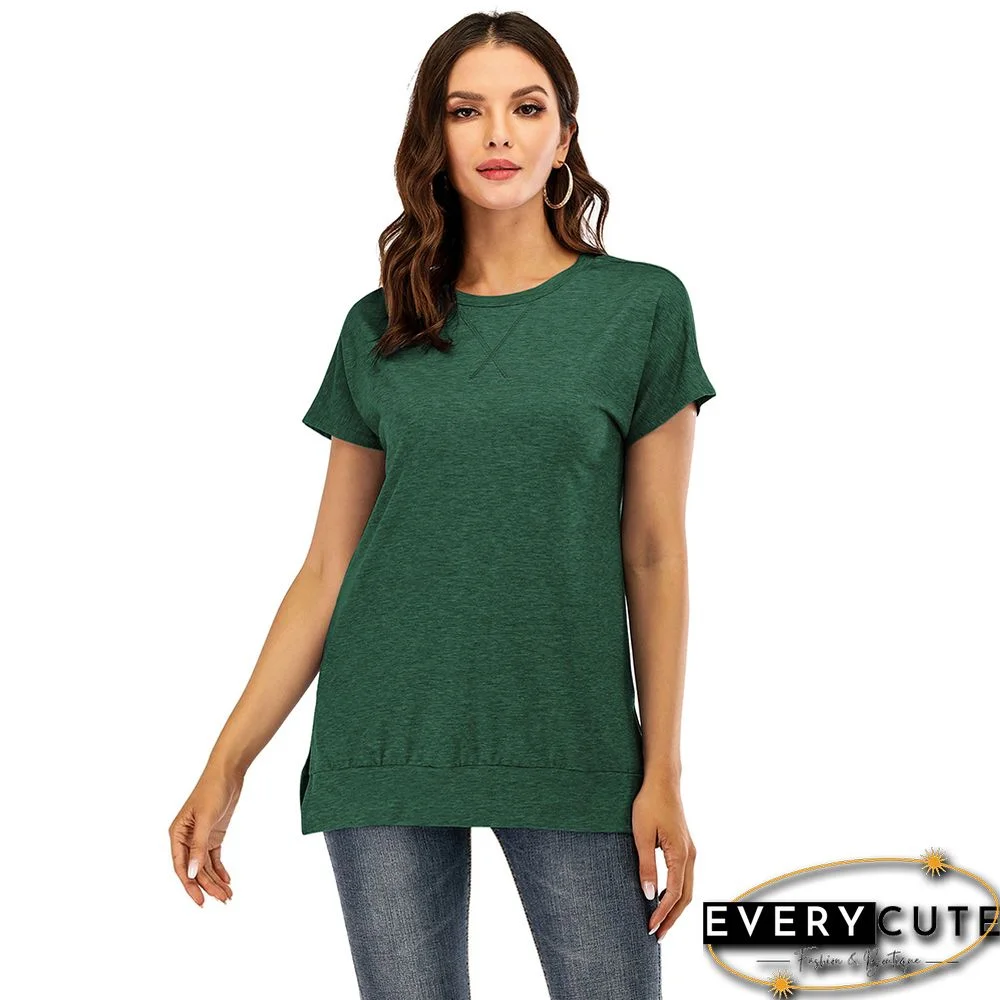 Green Drop Shoulder Side Slit Short Sleeve Tees