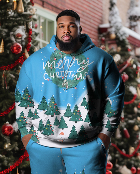 Men's Plus Size Christmas Tree Snow Hoodie Two Piece Set