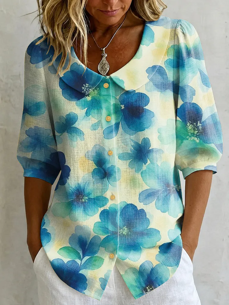 Bohemian-style Watercolor Floral Print Button-down Casual Cardigan With Doll Collar