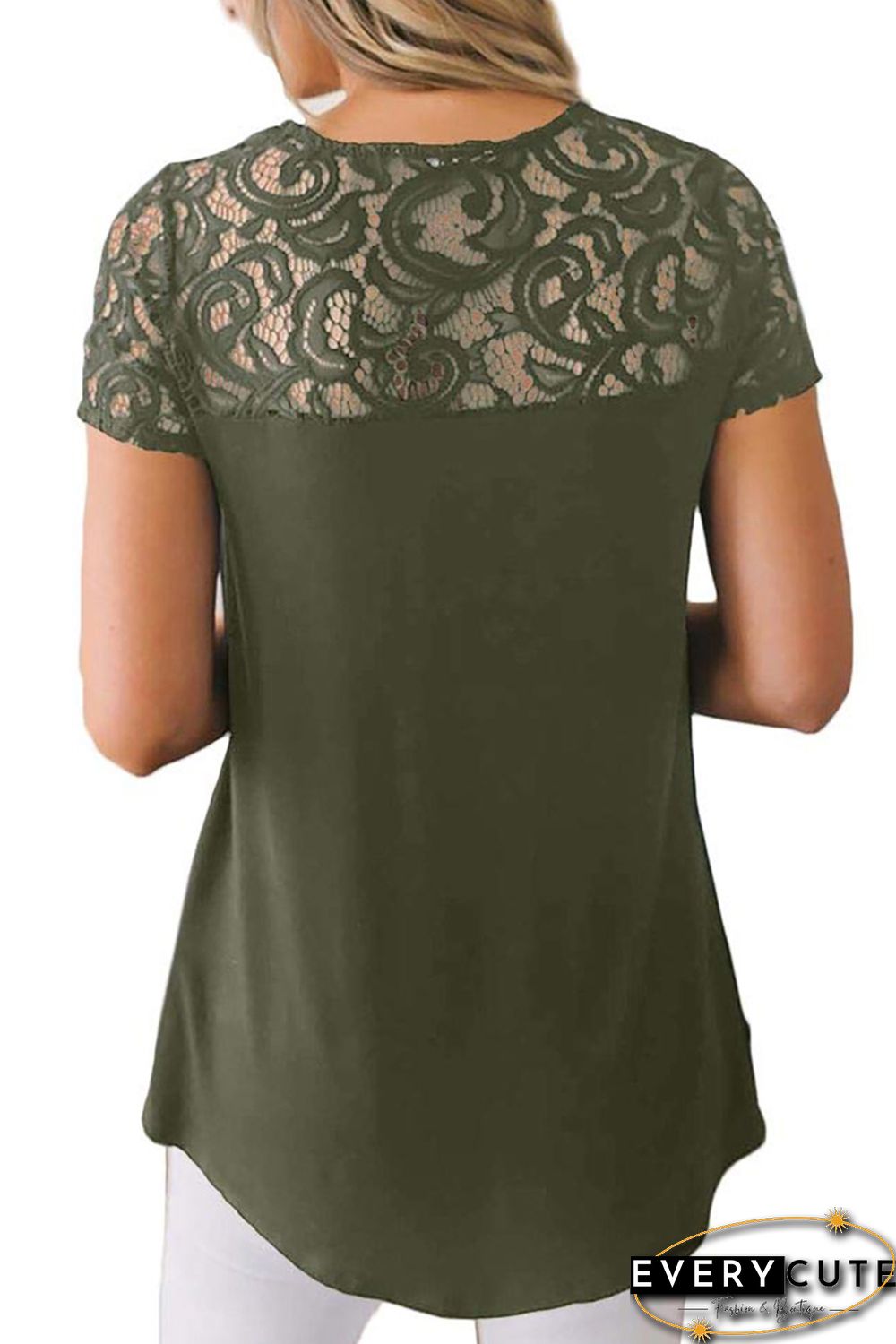 Olive Floral Lace Summer Short Sleeve Blouse