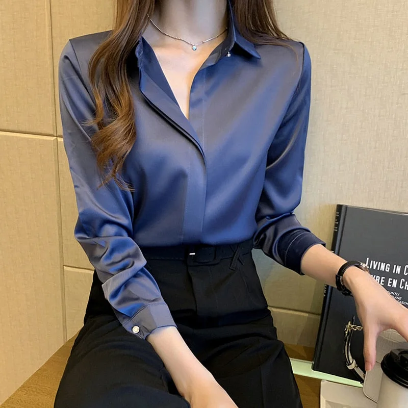 Office Lady Satin Silk Blouse Tops Silk Shirts Women White Shirt Women Long Sleeve Blouse Oversized Woman Shirt Top Blusas 13678
