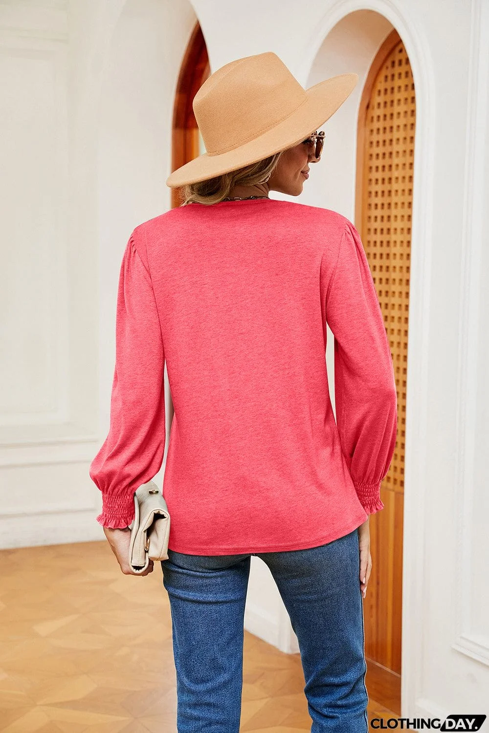 Contrast V-Neck Long Sleeve Top