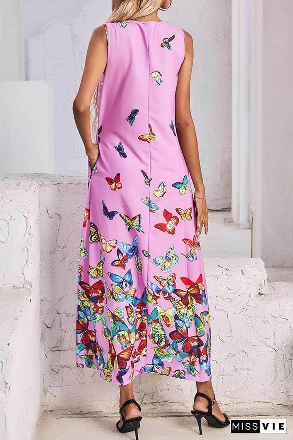 Elegant Butterfly Print Split Joint Pocket V Neck A Line Dresses
