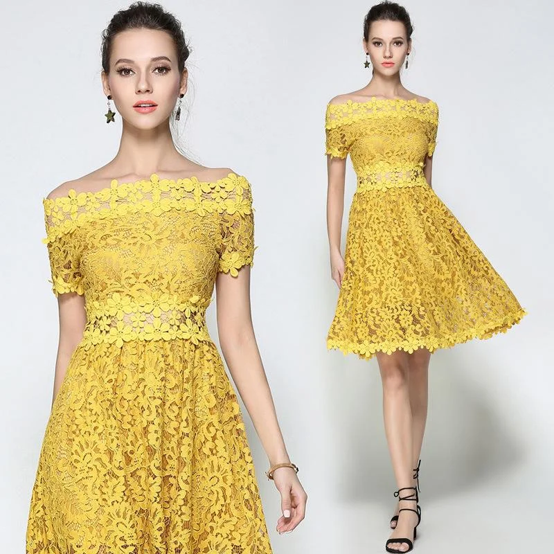 One-line collar mid-length lace all-match A-line skirt