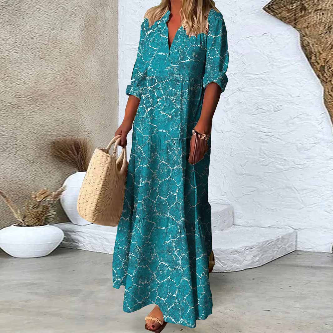 Women Textured,Blue DZDN0666 SPU Printed Long Sleeve V-neck Maxi Dress