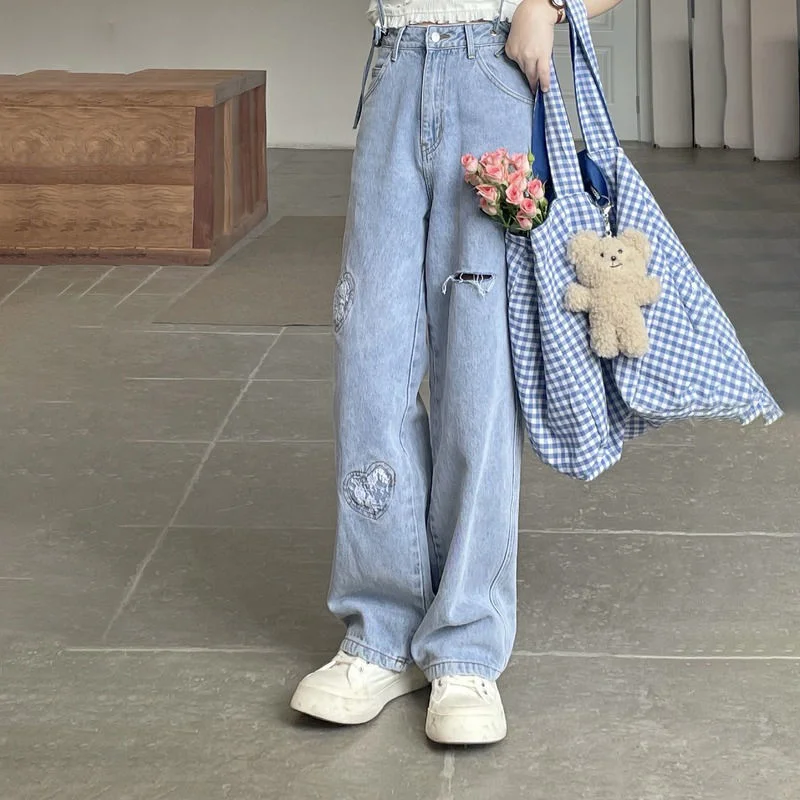 Woherb Jeans Women Ripped Holes Summer Lace Patchwork Sweet Strap Minimalist S-4XL Straight Trousers Old Fashion Korean All-match