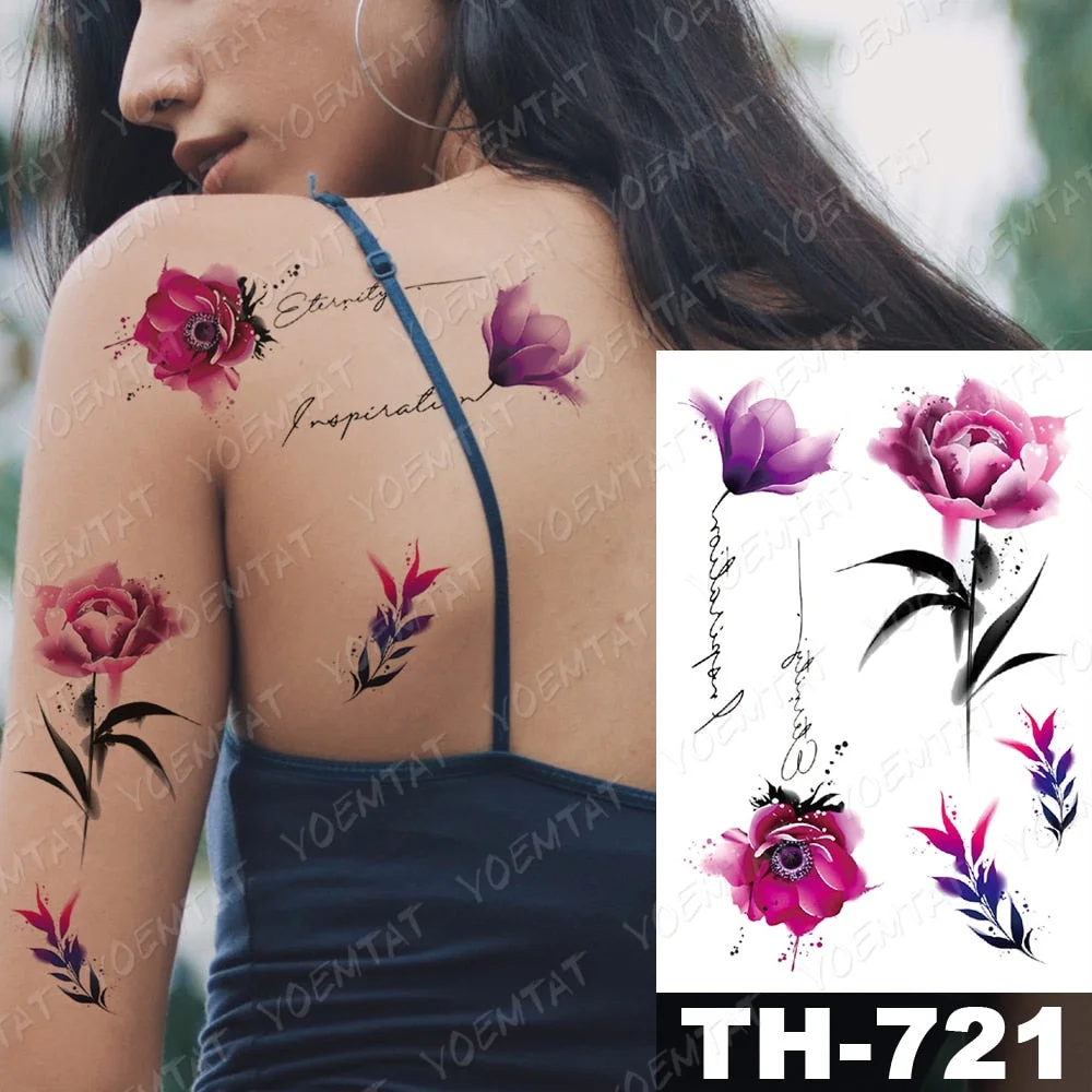 Waterproof Temporary Tattoo Sticker Watercolor Flowers Text Flash Tattoos Henna Mandala Body Art Arm Fake Tatoo Women Men