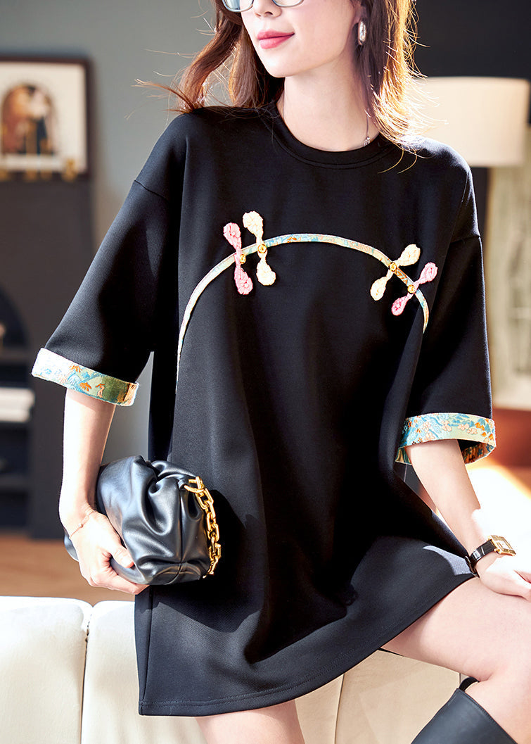 VCSHOES Loose Black O Neck Print Patchwork Cotton T Shirt Half Sleeve