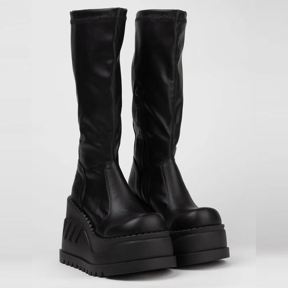 Punk Cool Platform High Wedges Zipper Mid Calf Boots Gothic Cool Street Punk Chunky Autumn Black Shoes Woman