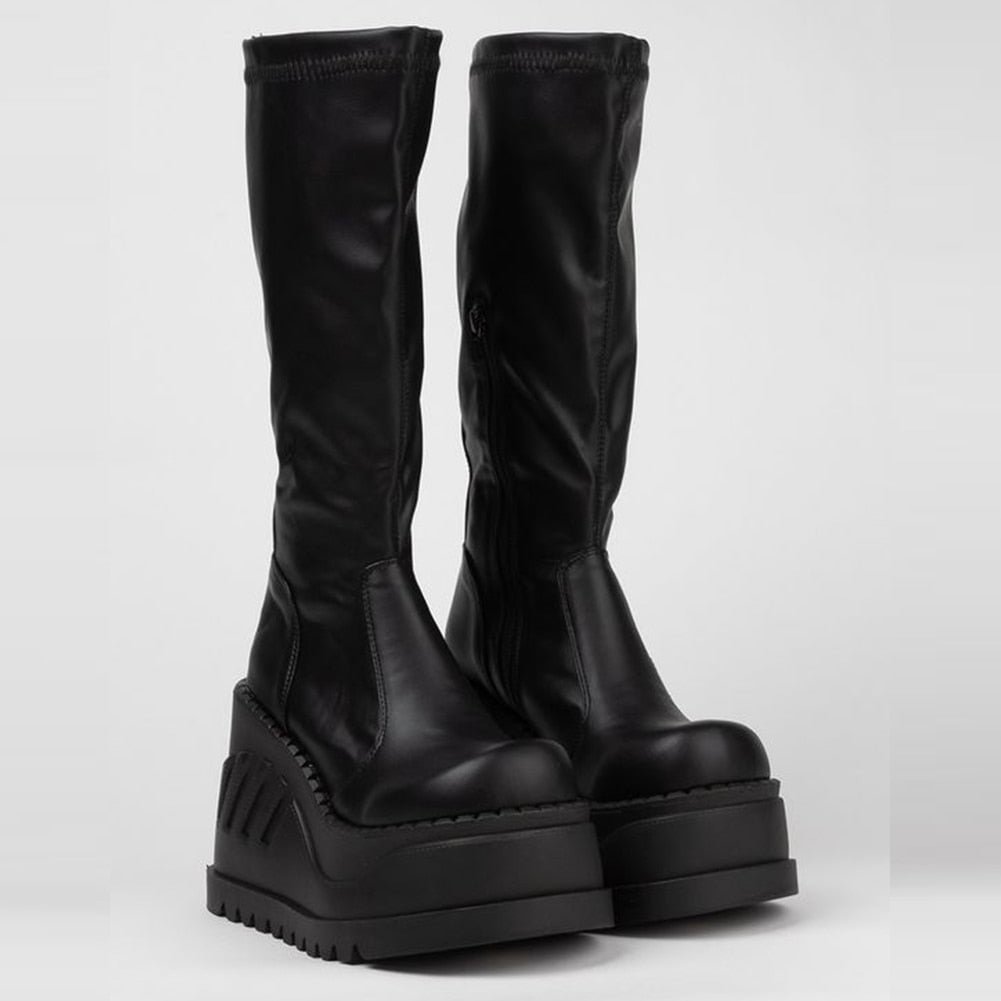 BONJOMARISA Brand Punk Cool Platform High Wedges Zipper Mid Calf Boots Gothic Cool Street Punk Chunky Autumn Black Shoes Woman