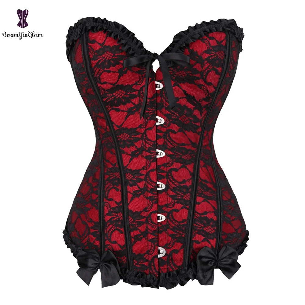 Victorians Women Pleated Trimmed Korset Lace Up Overbust Corset Bustier Outfit Plus Size G-String 805#