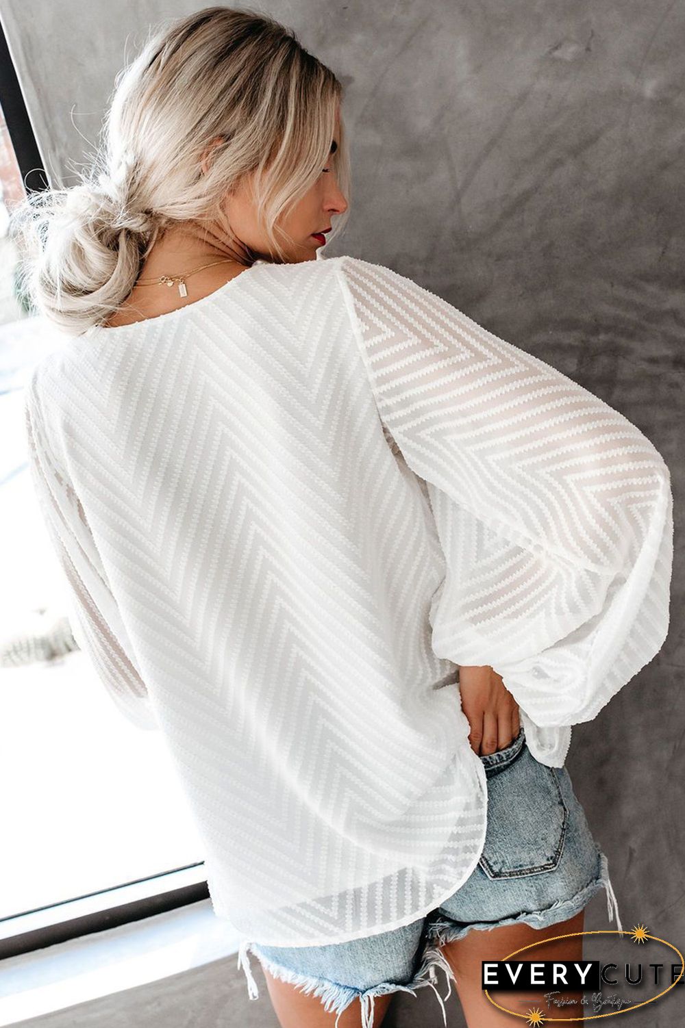 White Balloon Sleeve Textured Blouse