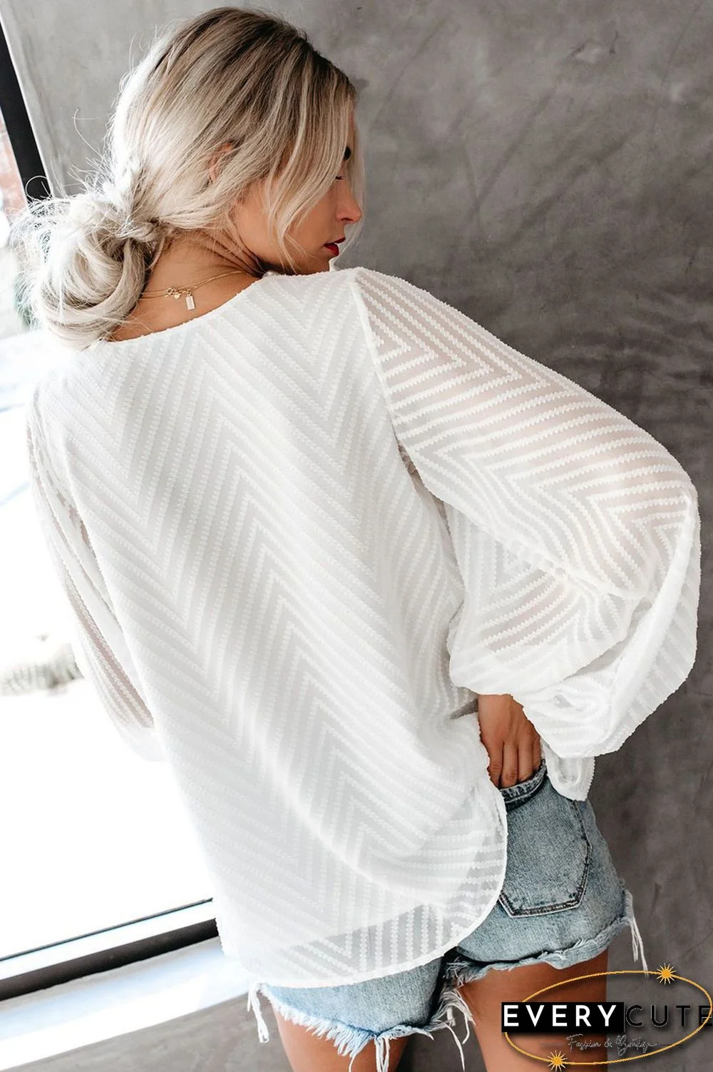 White Balloon Sleeve Textured Blouse