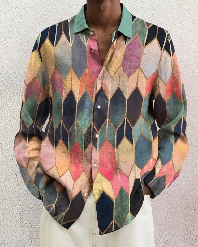 Men's casual long sleeve geometric printed shirt