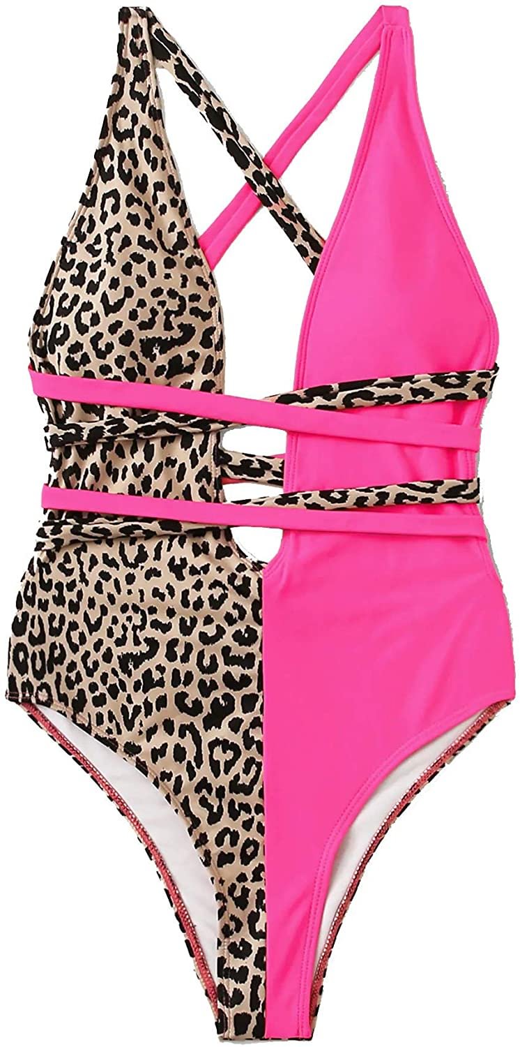 Women's Sexy Plus Contrast Leopard Print Criss Cross One Piece Swimsuit
