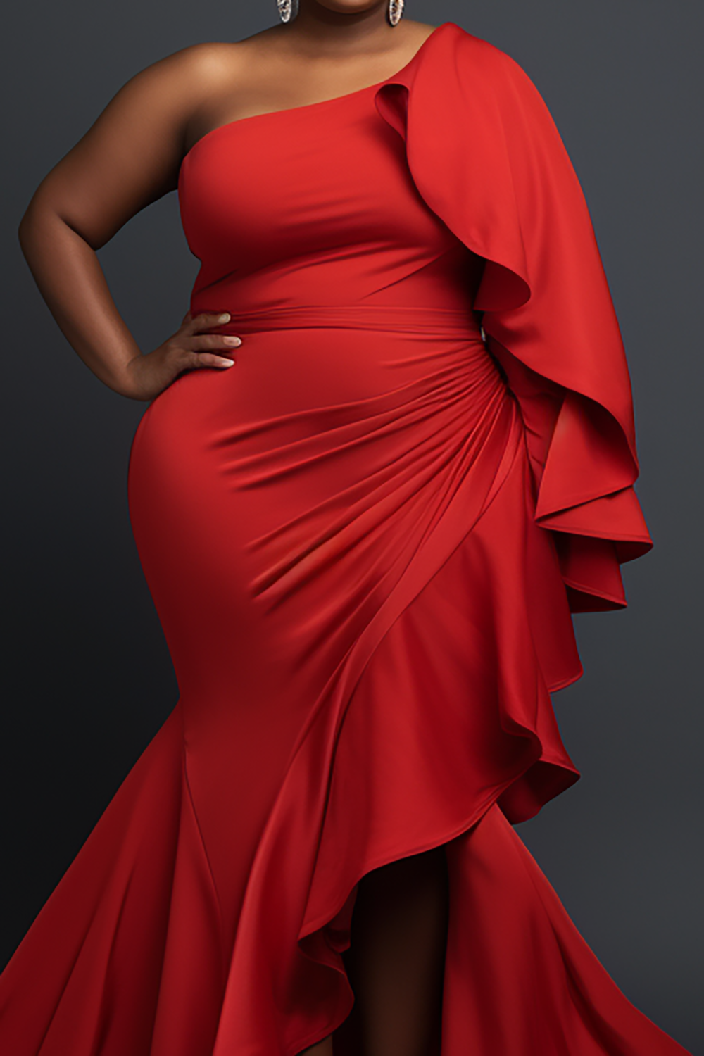 Design Plus Size Mother Of The Bride Maxi Dresses Elegant Red Spring Summer Oblique Collar Petal Sleeve Long Sleeve Mermaid Knitted Maxi Dresses [Pre-Order]