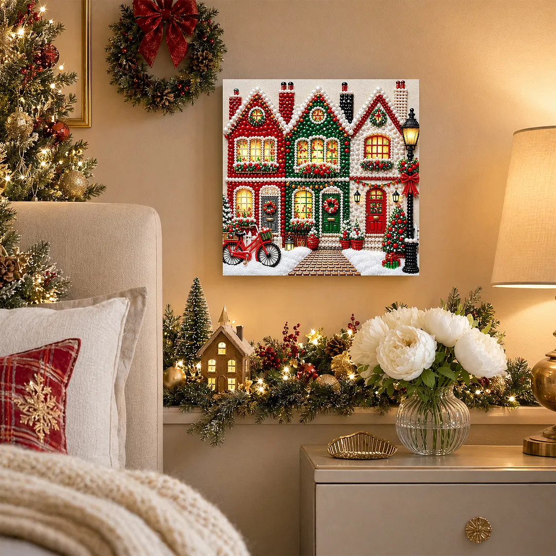 Framed Pearl Dot Painting Kit Holiday Houses 7.87x7.87in