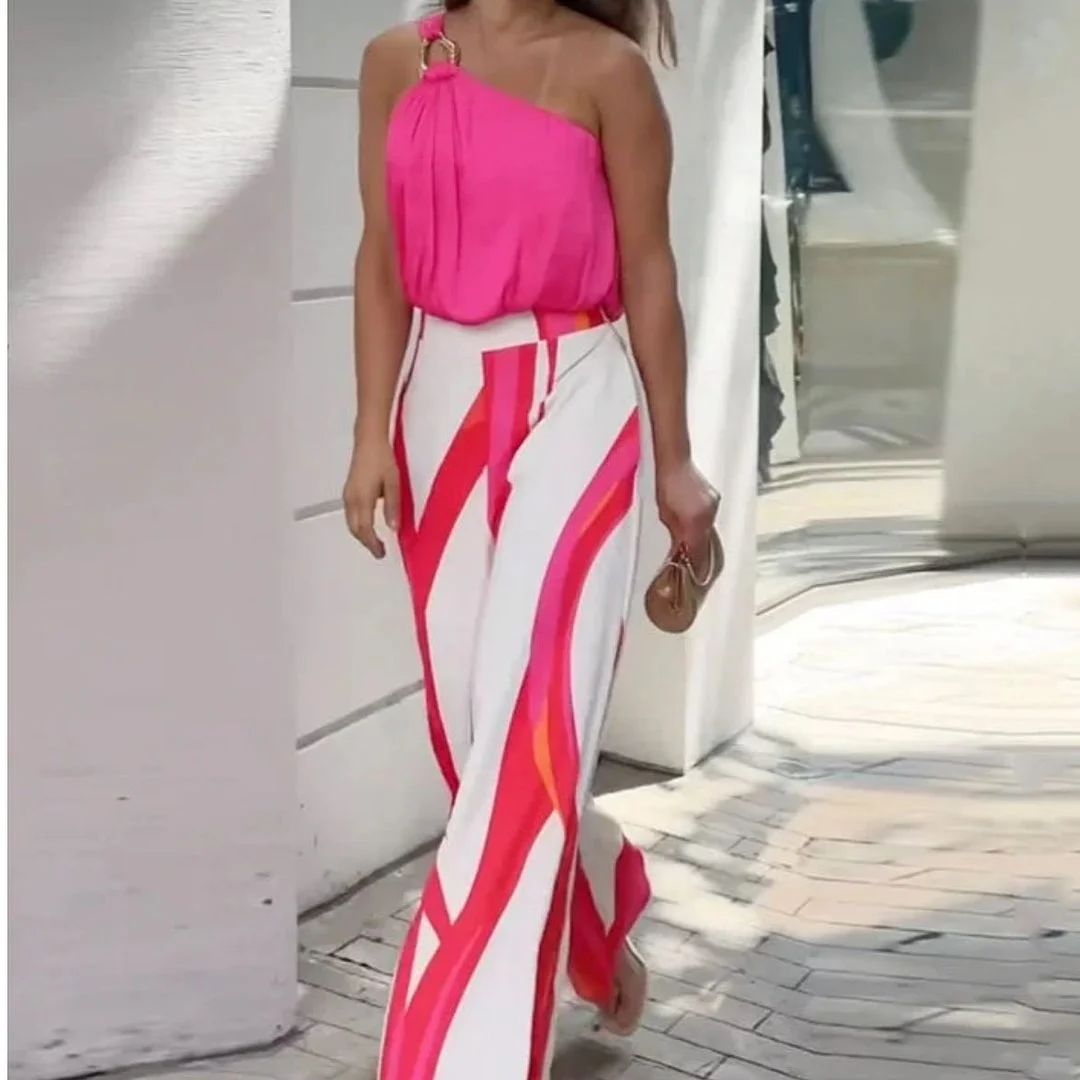 Ueong Ueong 2023 New Fashion Sexy Strap Striped Print Wide Leg Pants Suit