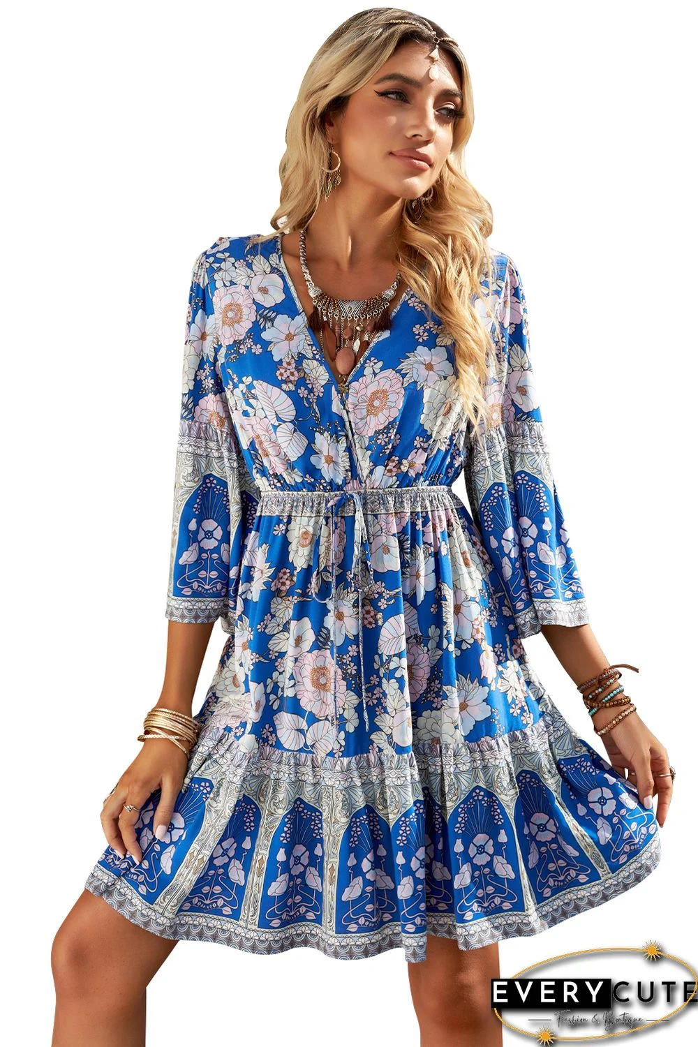 Blue Floral Print 3/4 Sleeve Drawstring High Waist Mini Dress