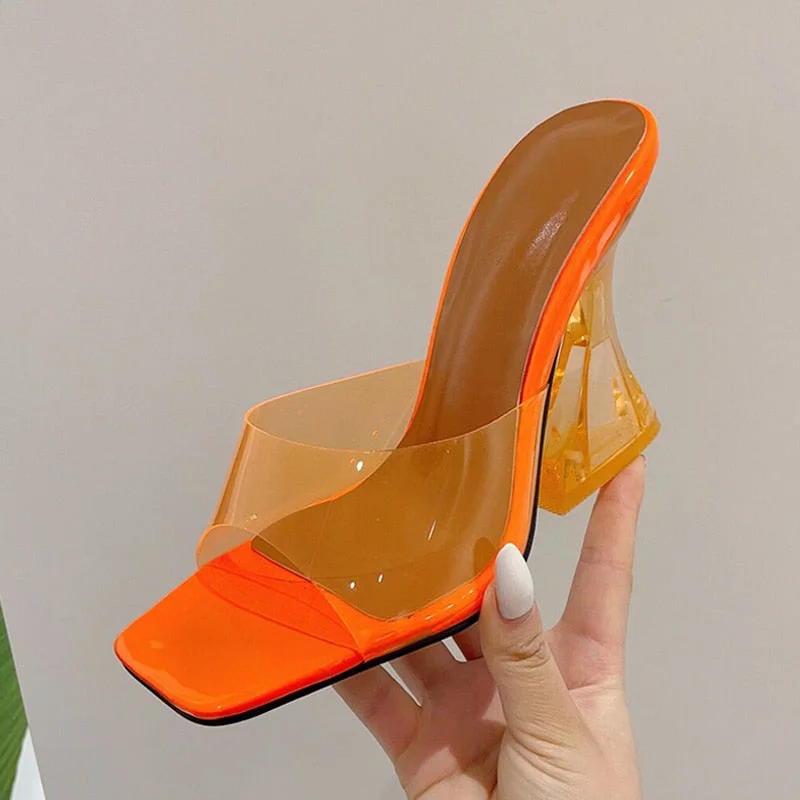 Sexy Leopard Grain PVC Transparent Slippers Women Slides Mules Gladiator Jelly Sandals Summer Open Toe Clear High Heels Shoes