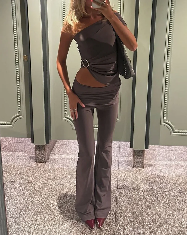 Women's solid color slim fit trousers suit