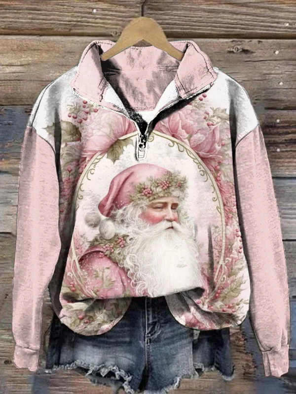 Retro Pink Christmas Santa Print Zipper Lapel Sweatshirt