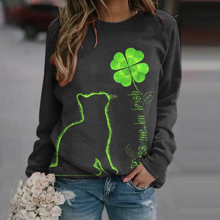 Comstylish St. Patrick's Day Cat Clover Print Long Sleeved Sweatshirt