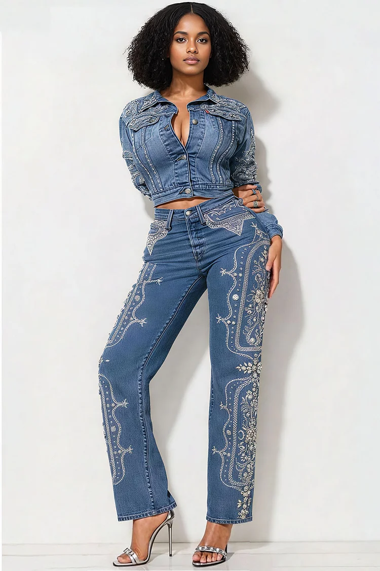 Plus Size Business Casual Blue Shirt Collar Long Sleeve Drilling Denim Jacket