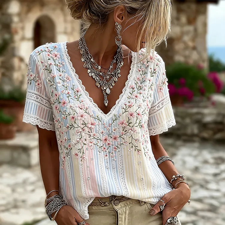 Women's Pink Floral And Lace Art Embroidery Striped Comfortable Linen Blend Casual Short Sleeve Top