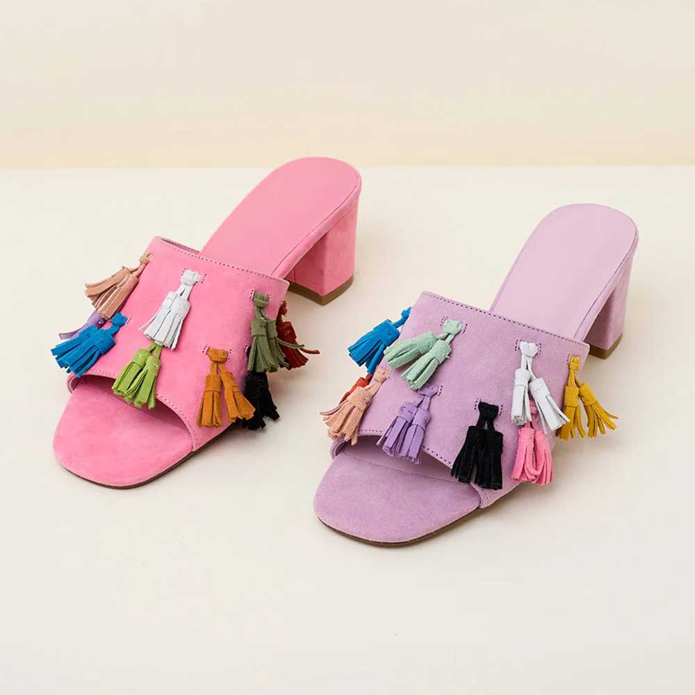 Pink & Light Purple Tassel Square Toe Block Heel Mules Shoes for Women Nicepairs