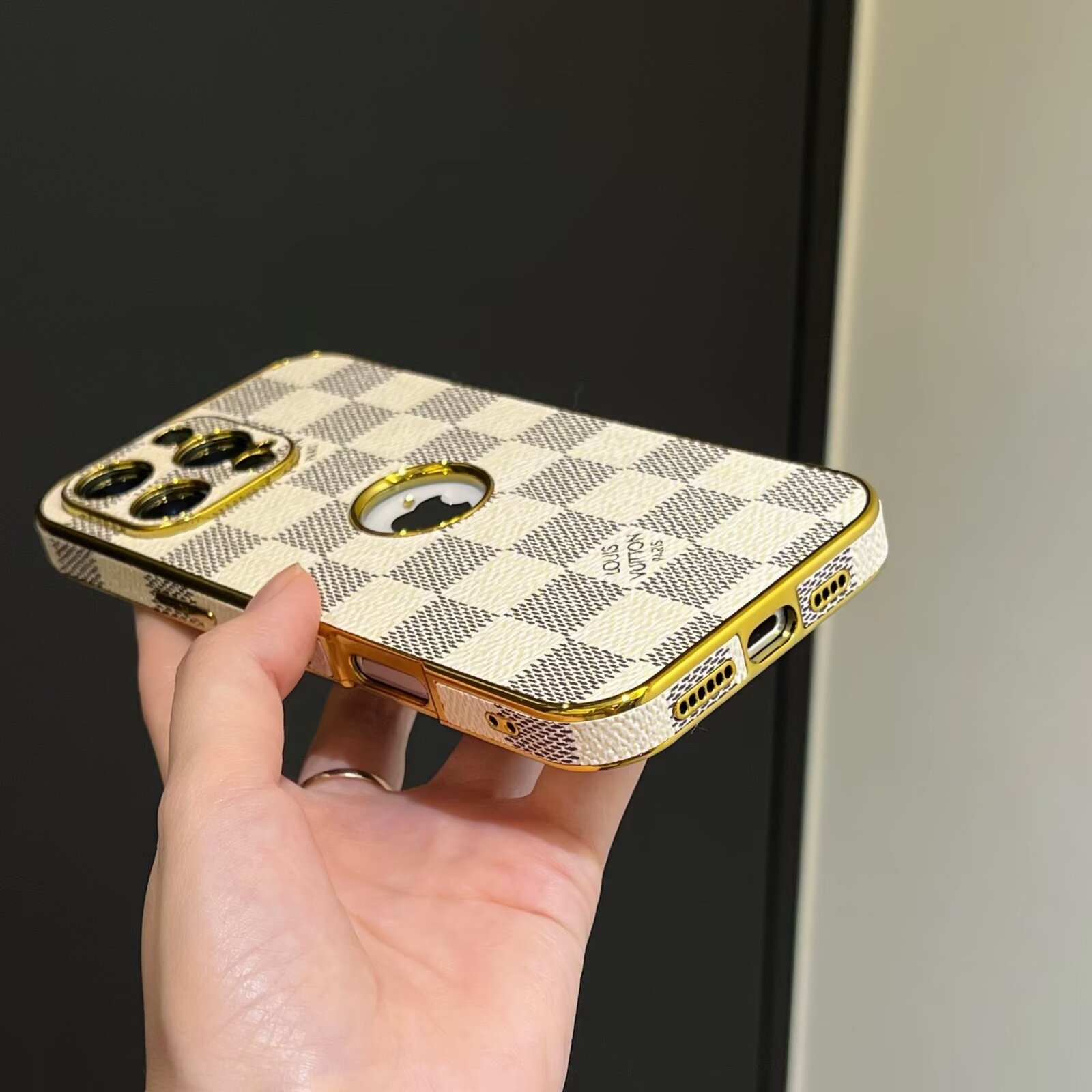 LV Electroplated Leather Monogram Canvas Checkerboard Apple iPhone Case