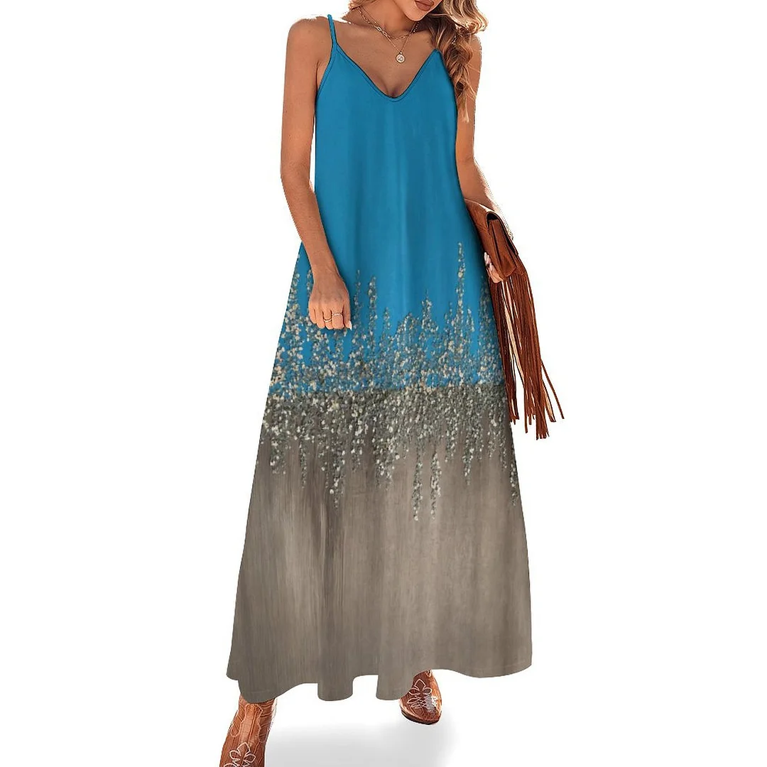 Style & Comfort for Mature Women Plus Size Printed Sling Casual Women Maxi Dress in Pattern Oil Painting, Blue, White