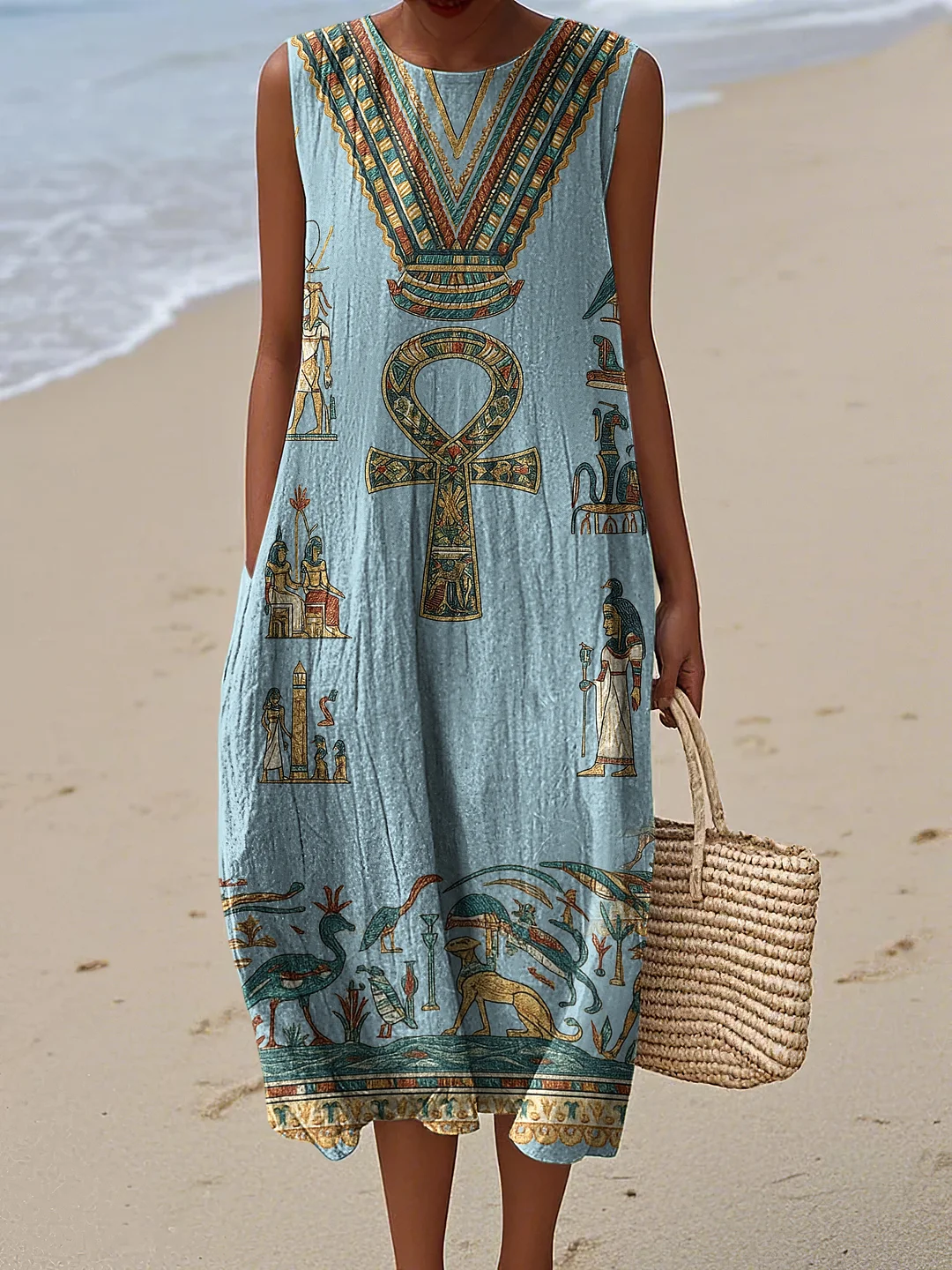 Ancient Egyptian Inspired Women's Vintage Linen Casual Sleeveless Dress
