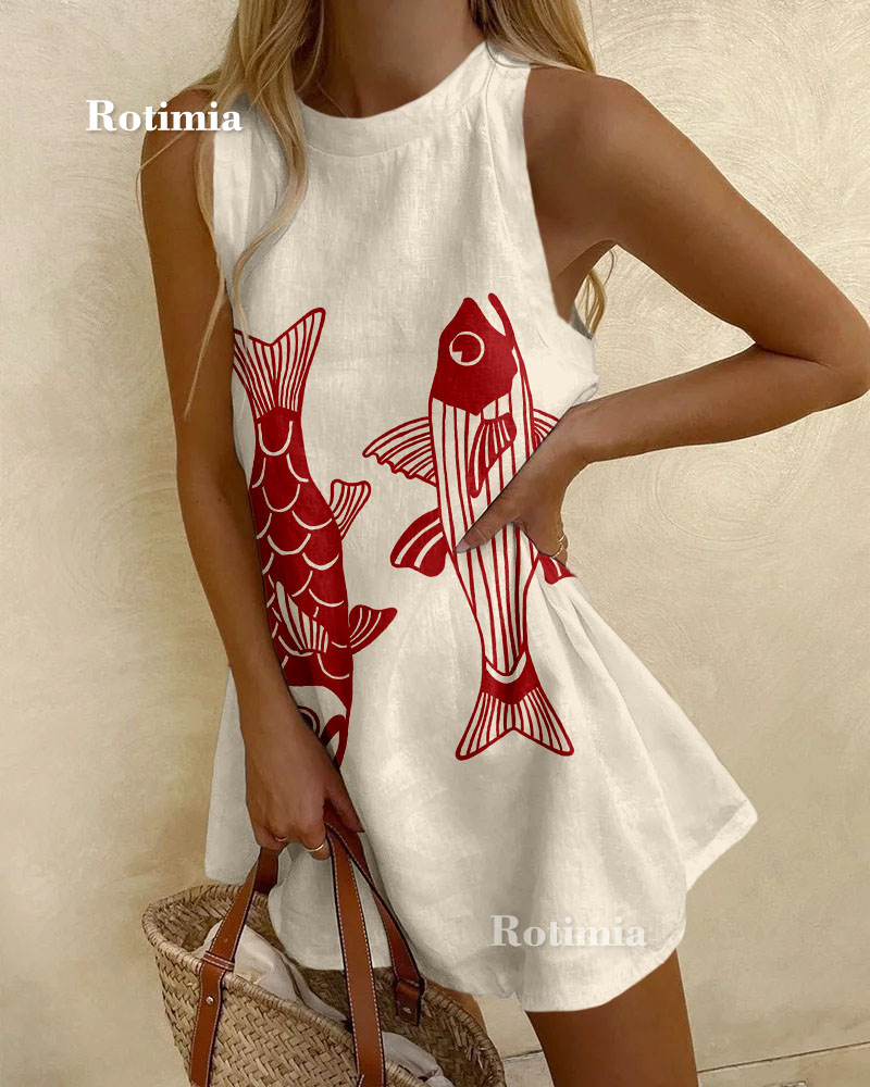 Abstract Fish Print Wave Edge Mini Dress