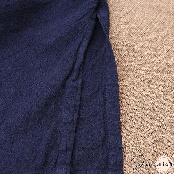 Women Cotton Linen Bandage Trench Coat V-Neck Vintage Cardigan Irregular Clothes Trench