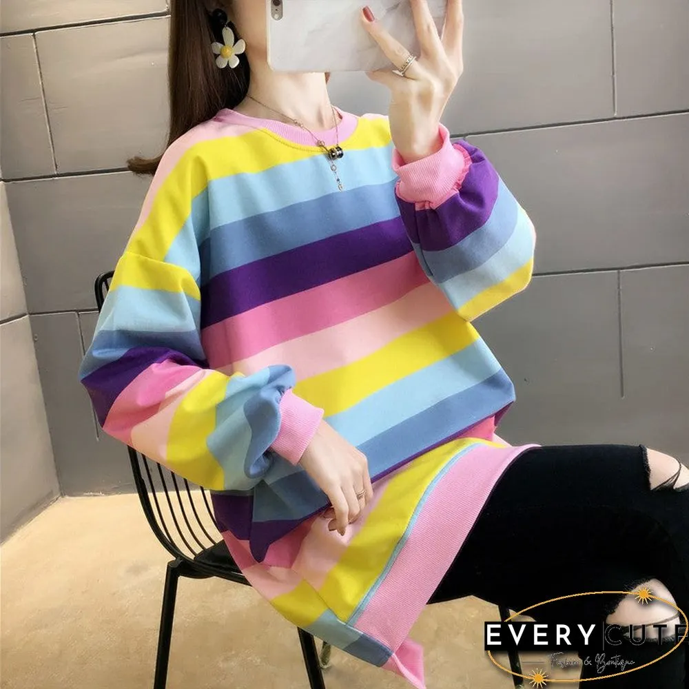 Fashion Rainbow Color Sweatshirt Hoodies Women Loose Long Sleeve Pullover Female Spring